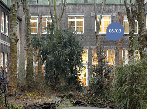 Zeigt den grpnen Innenhof vom Uniongewerbehof - das Projekt Gründungsfenster und Mutlifunktionshalle